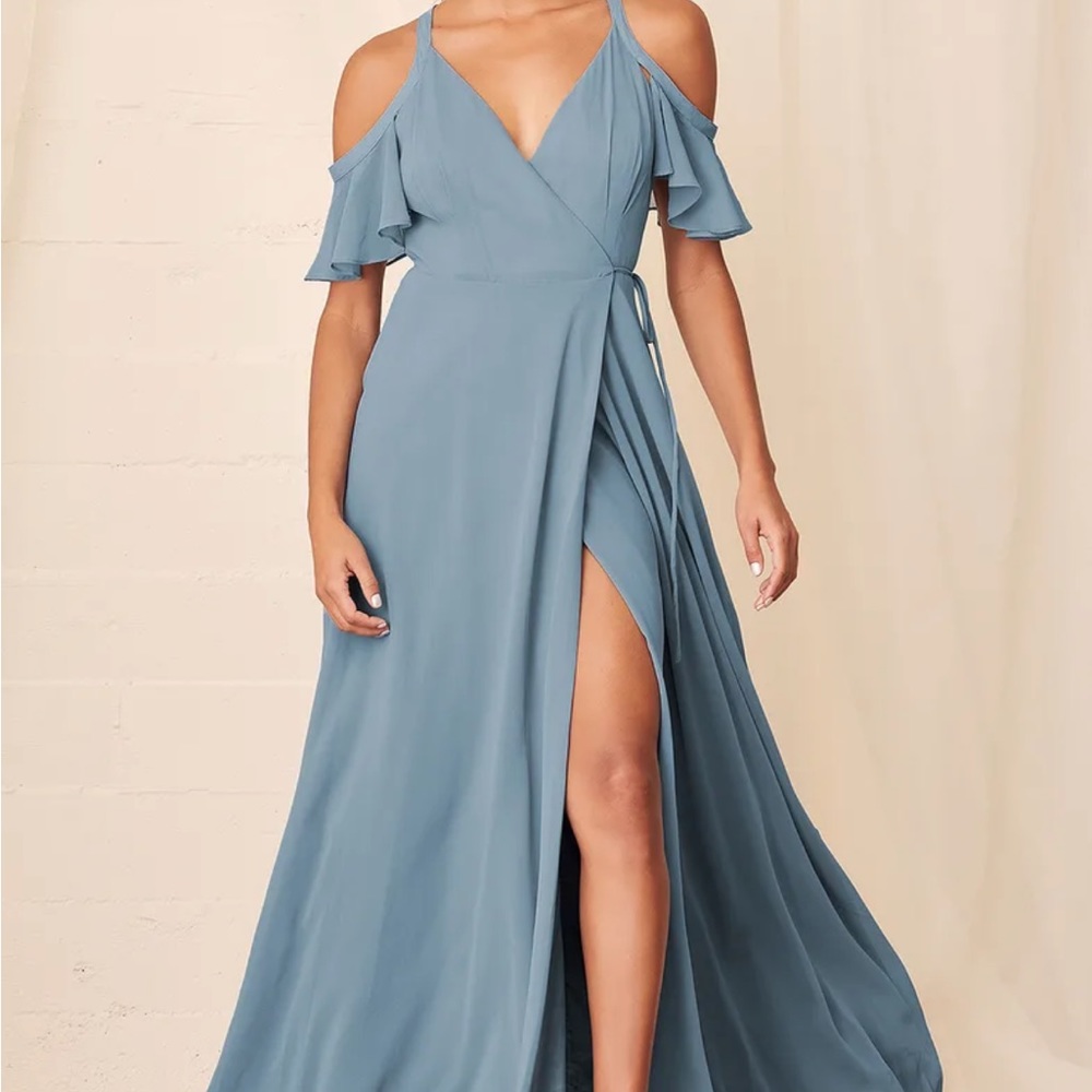 Easy Listening Slate Blue Cold-Shoulder Wrap Maxi Dress
